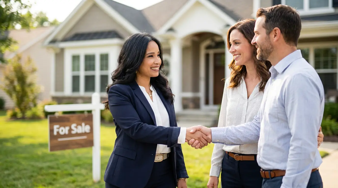 Julissa Zimmerman, Bergen County NJ buyer's agent, shaking hands with clients outside a home