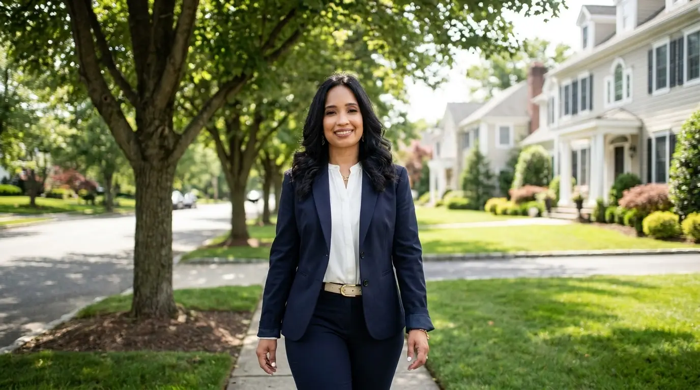 Julissa Zimmerman, Bergen County NJ real estate agent, on a tree-lined street